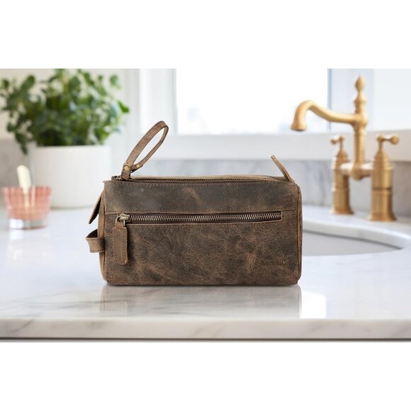 Unisex Distressed Tan Premium Buffalo Leather Toiletry Bag Travel Shaving kit - Picture 6 of 9
